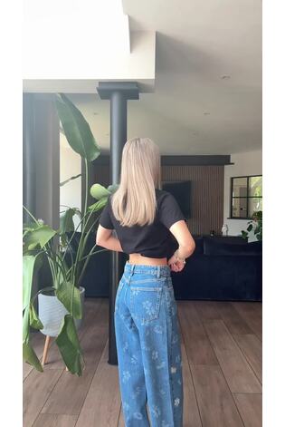 Mid Blue Daisy Embroidered Wide Leg 100% Cotton Jeans - Image 2 of 8 Mid Blue Daisy Embroidered Wide Leg 100% Cotton Jeans - Image 2 of 8